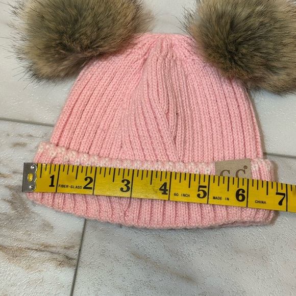C.C Baby Pink Knit Double Pom Beanie Hat – Faux Fur, Made in Korea - Picture 3 of 5